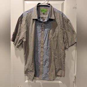 Bristol & Bull men's short-sleeve button-up shirt in a blue and brown plaid